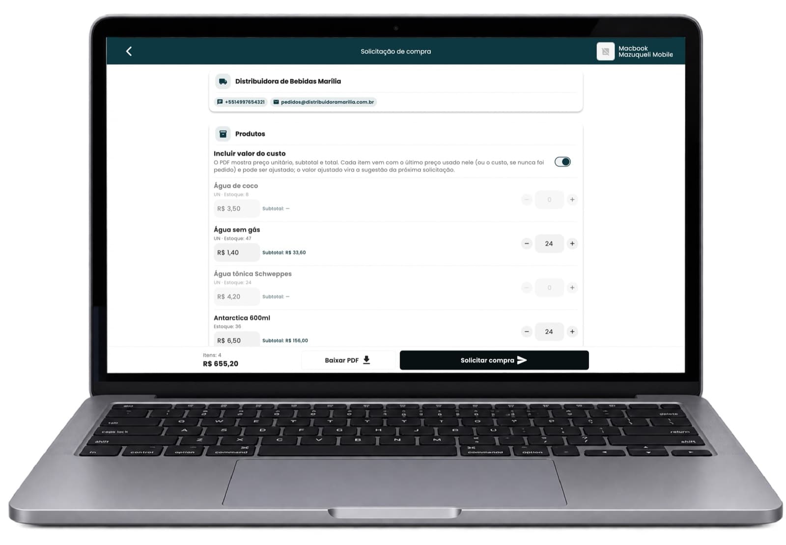Pedido de compra para fornecedor: monte a lista, gere o PDF e envie por WhatsApp ou e-mail