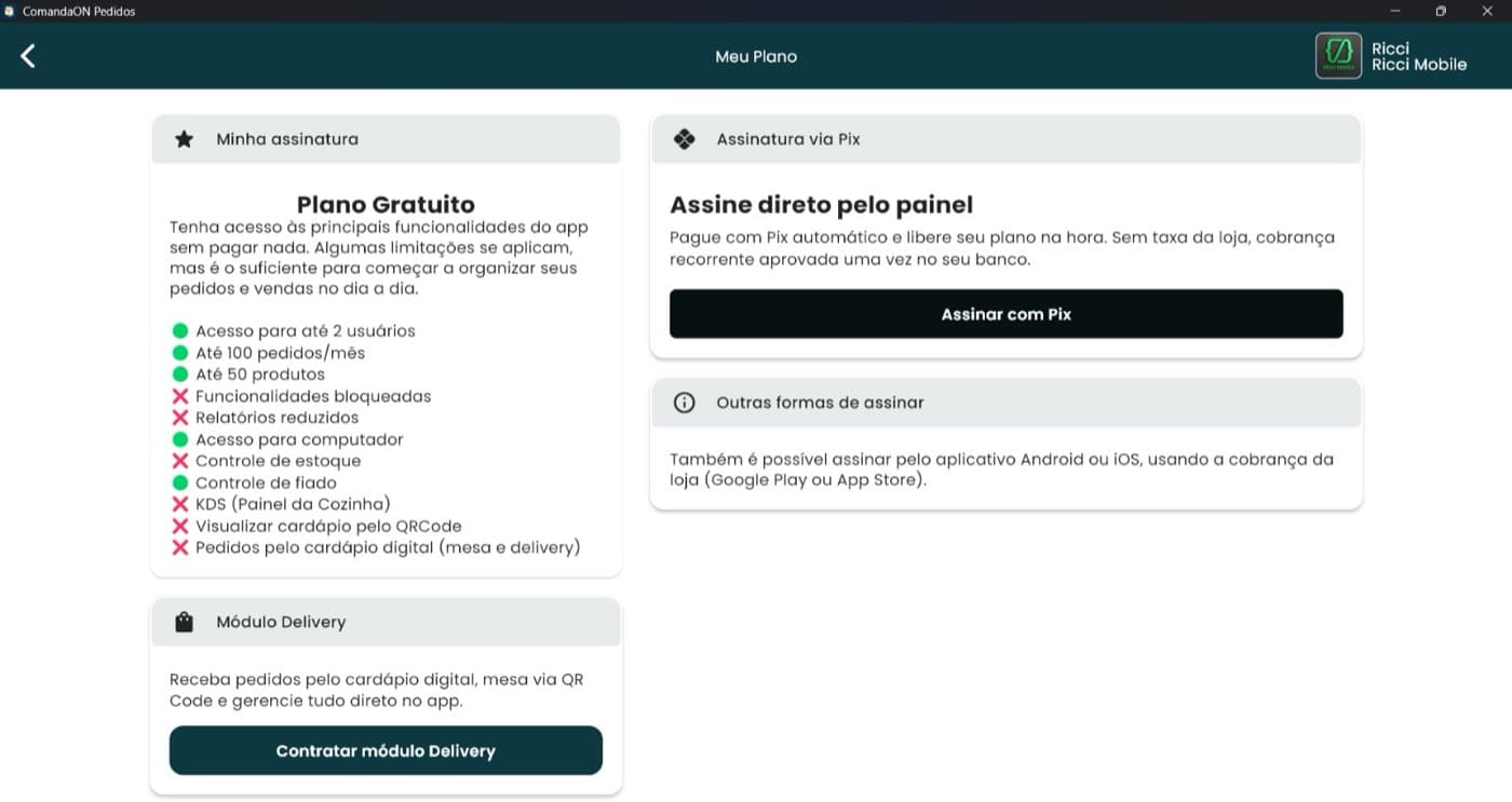 Assinatura com Pix no ComandaON: assine pelo computador, sem fidelidade e cancele quando quiser