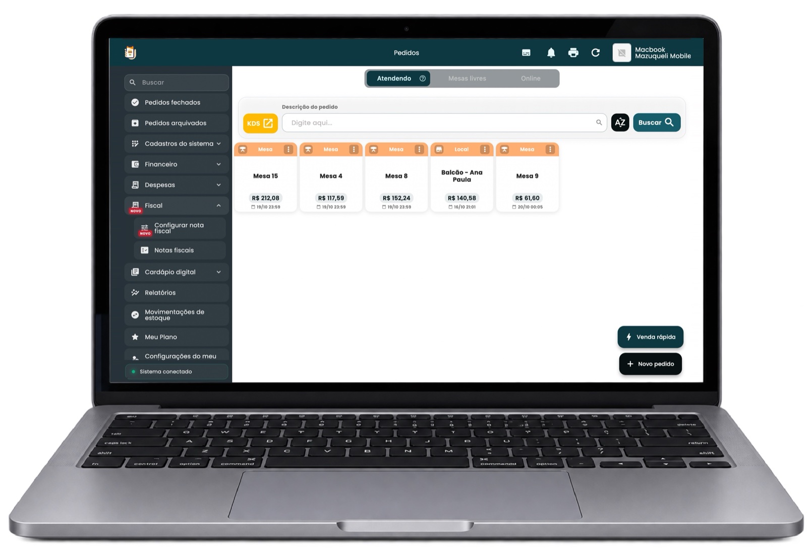 Menu Fiscal no ComandaON com Configurar nota fiscal e Notas fiscais