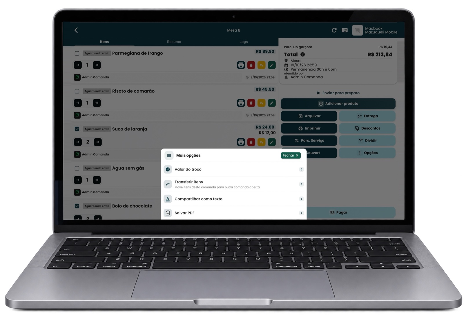 Menu de opções do pedido com a opção Transferir itens