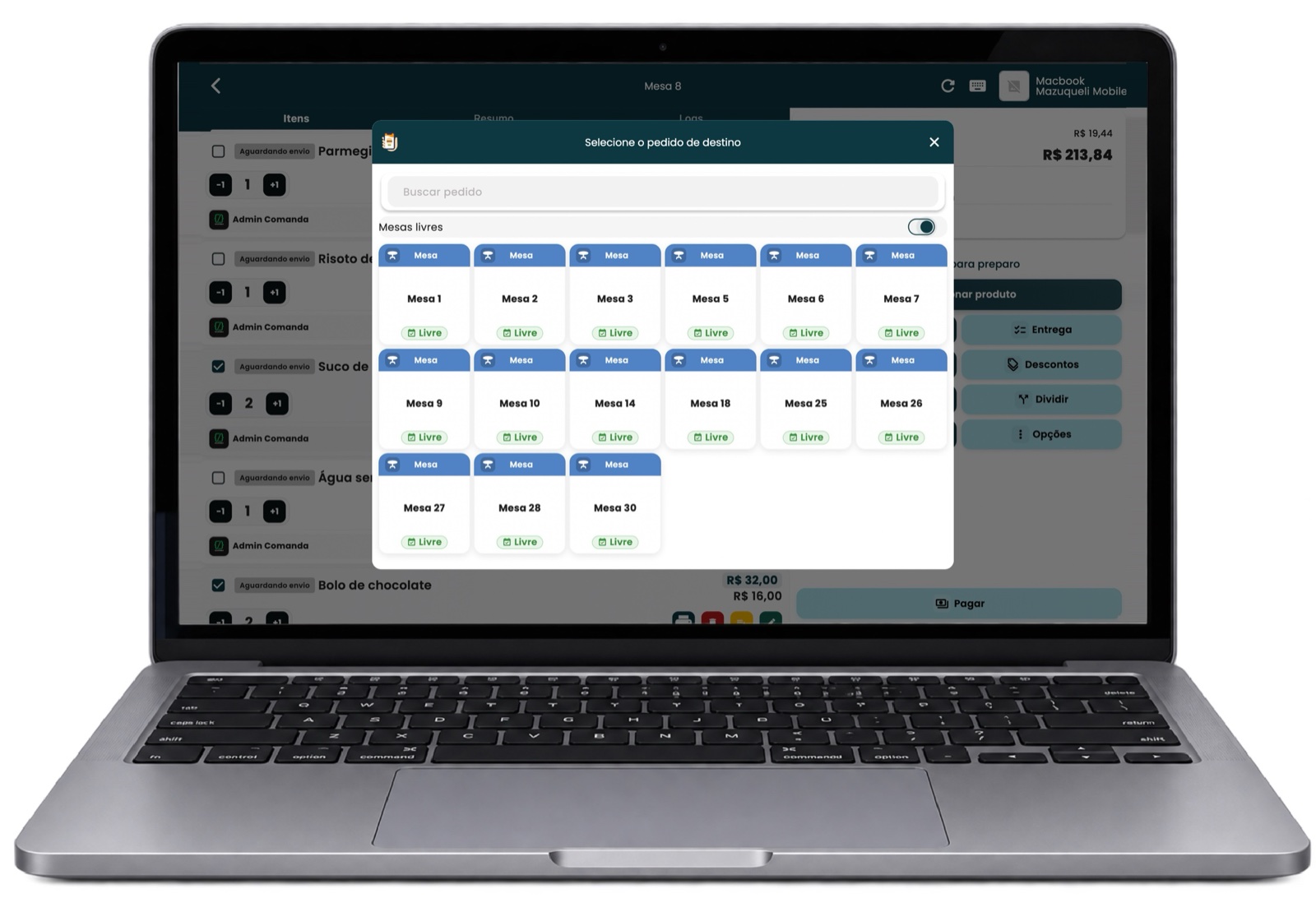 Modal de destino com a chave Mesas livres ligada